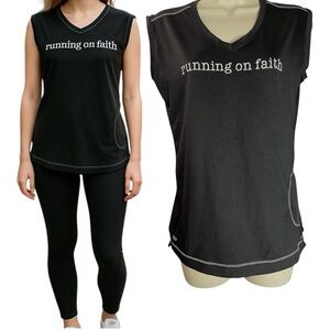Alo Coolfit‎ Tank Top Black Running On Faith My Mottoz Graphic Tee Size M Pocket